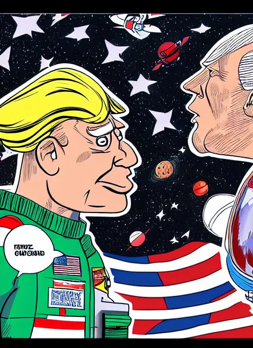 Prompt: a full page panel drawn by bill watterspn depicting trump and spaceman spiff