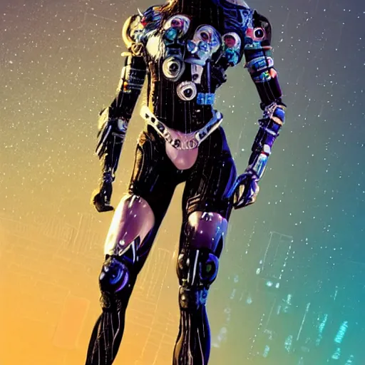 Image similar to full body portrait of the muscular Caribbean Android Queen, by DC comics and Sandra Chevrier and beeple, artstation, volumetric lighting and fog, hyperrealism, hyper detailed futuristic royalty, award winning costume design, cybernetic bionic ancient cyborg, fashion show runway, futuristic fine textures, woven with electricity, high fashion superpowers, floating dust particles, bokeh, mystic haze, 4k UHD, HDR