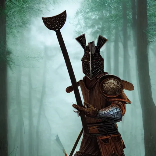 Image similar to a woodland knight made of wood holding a giant club, in a dark forest, digital art, high quality render, artstation, 8 k, photograph quality, ultrahd, in the style of dungeons and dragons