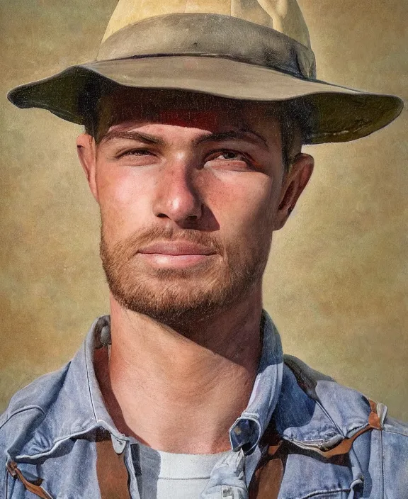 Image similar to portrait of a handsome young ohio farmer, art by denys tsiperko and bogdan rezunenko, hyperrealism