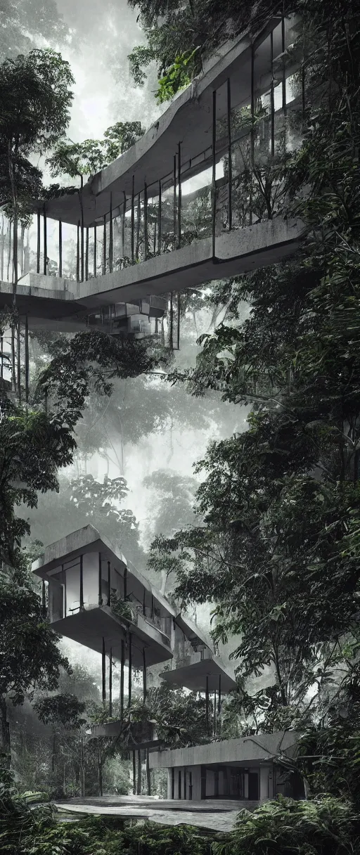 Prompt: architecture inspired by le corbusier in the rainforest. nature is taking over. upside down. metabolism. matte painting. octane render. hdr. volumetric lighting. global illumination. atmospheric. photorealistic. color scheme black and white.