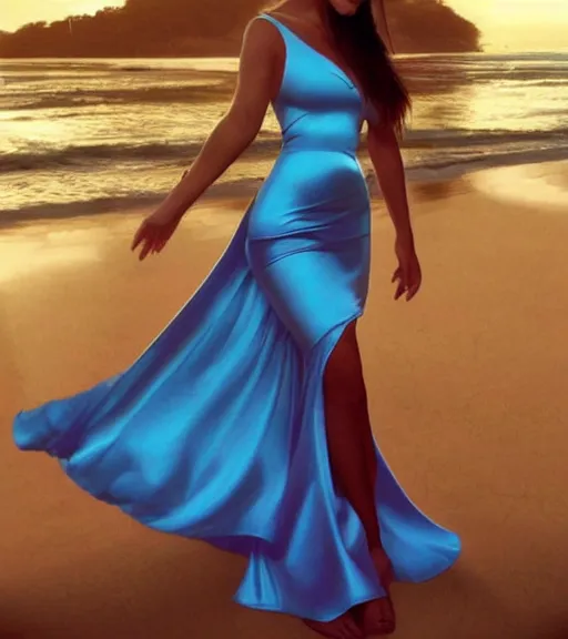 Image similar to beautiful princess wearing a skintight satin prom dress on the beach drawn by artgerm