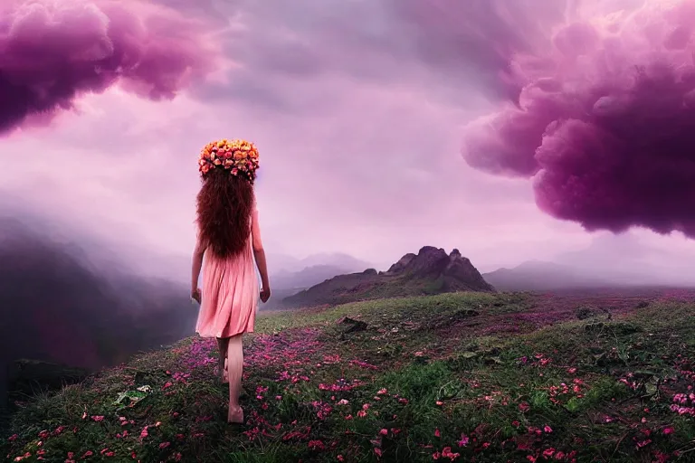 Prompt: giant dahlia flower crown head, young girl walking on mountain, surreal photography, pink storm clouds, dramatic light, impressionist painting, digital painting, artstation, simon stalenhag