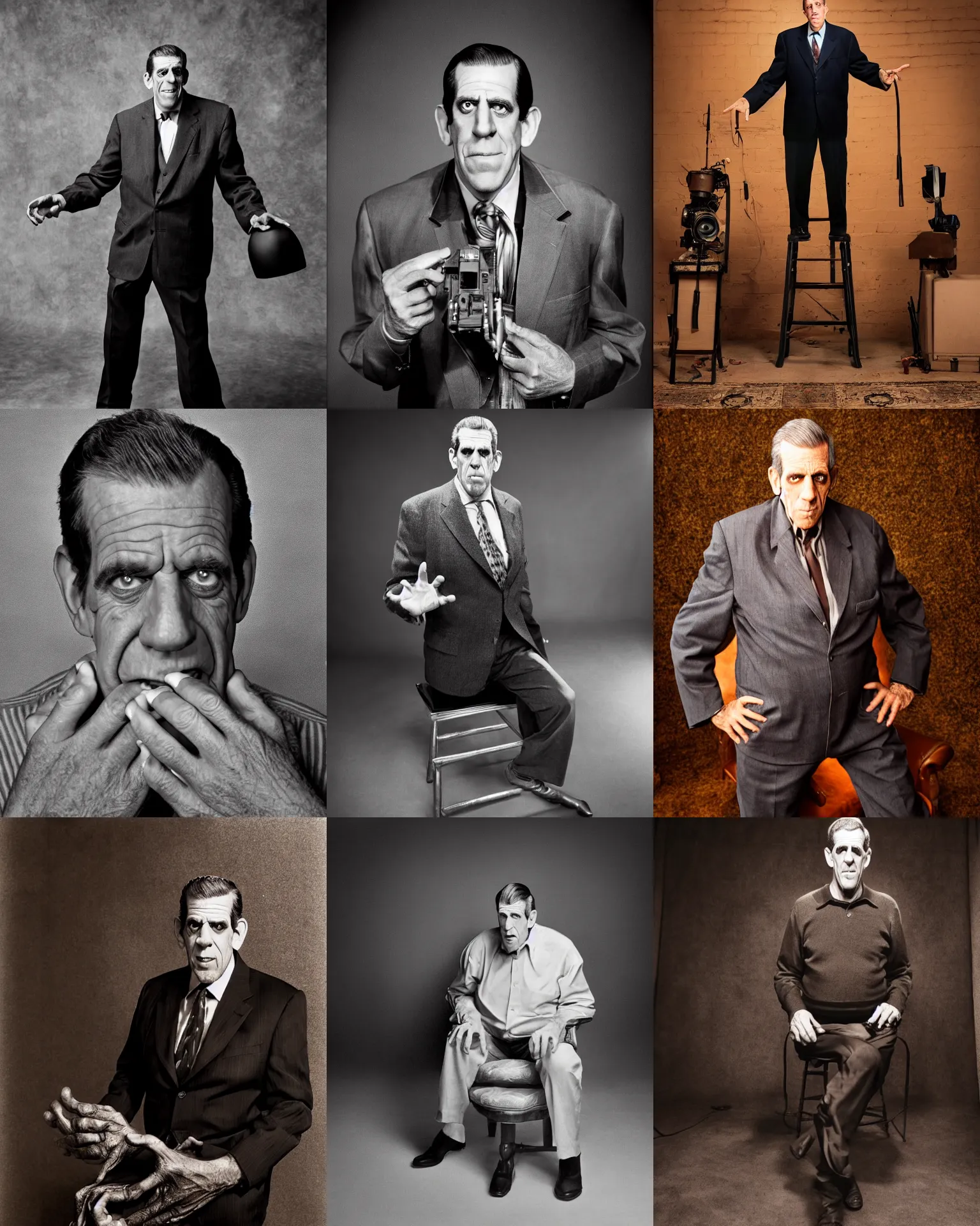 Prompt: Fred Gwynn, as Herman Munster, Photographed in the style of Annie Leibovitz, studio lighting