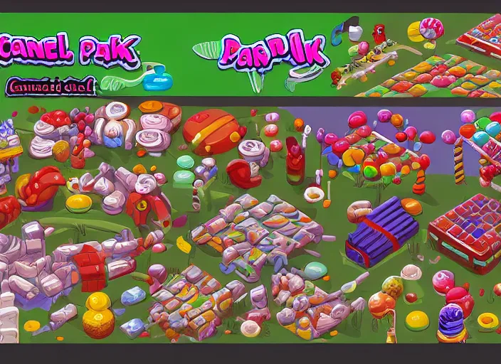 Image similar to pixel arts sheet for a game candy themed, candy park, oil painting by jama jurabaev, extremely detailed, brush hard, artstation, for aaa game, high quality, brush stroke