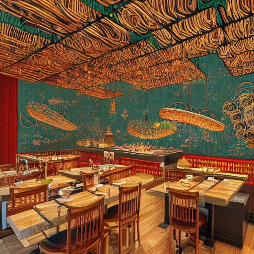 Image similar to a beautiful hyperdetailed interior 4 k hd wallpaper illustration of roasted string hotpot restaurant restaurant yan'an, wall painting, from china, with merchant logo, fine delicate structure, surrealistic, chinese style, victo ngai