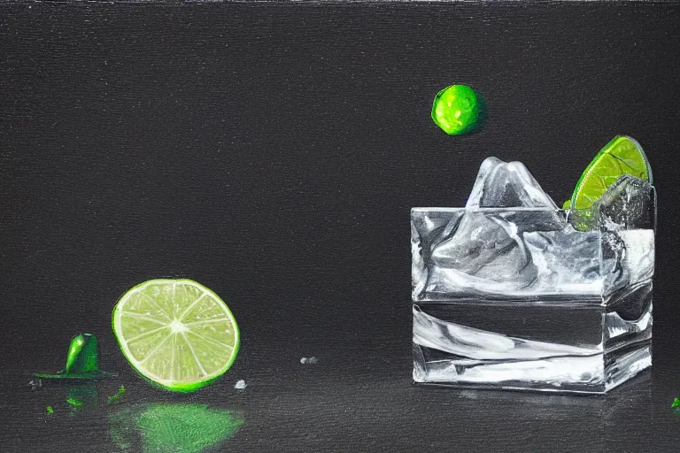 Image similar to oil painting portrait of an ice cube starting to melt in the forefront surrounded by a lime wedge, an empty bottle of tequila and ( fallen salt shaker ). black background