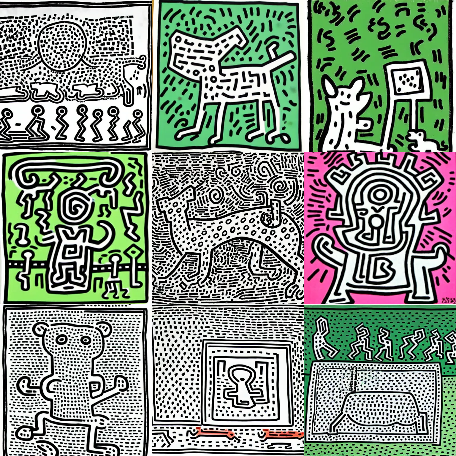 Prompt: a cute dog in a park, keith haring, screen printing, line drawing