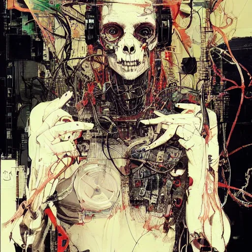 Image similar to a cyberpunk noir detective, skulls, wires cybernetic implants, machine noir grimcore, in the style of adrian ghenie esao andrews jenny saville surrealism dark art by james jean takato yamamoto and by ashley wood and mike mignola
