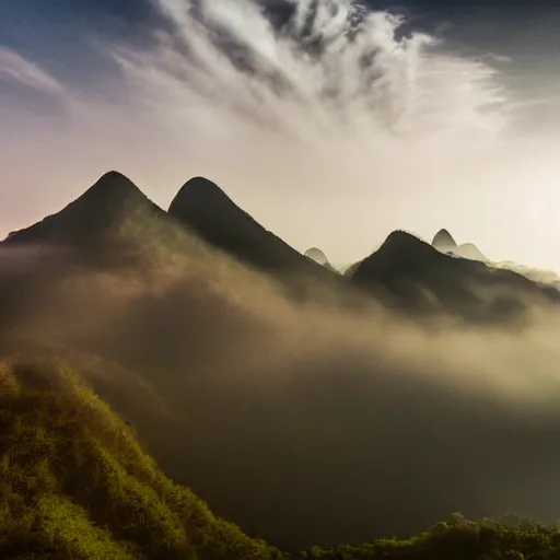 Prompt: Cloudy peaks in southern China, the style of National Geographic magazine