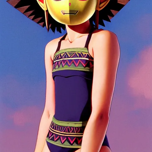 Image similar to beautiful boyish natalie portman gravure model in majora's mask, wearing wooden mask and baseball cap and leotard, street wear with subtle mayan patterns, aztec bathing suit, gapmoe yandere grimdark, trending on pixiv fanbox, painted by greg rutkowski makoto shinkai takashi takeuchi studio ghibli, akihiko yoshida