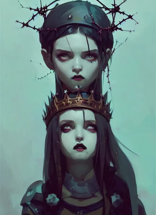 Image similar to portrait of cute goth maiden girl with crown of thorns, warhammer, cyberpunk, by atey ghailan, by greg rutkowski, by greg tocchini, by james gilleard, by joe fenton, by kaethe butcher, dynamic lighting, gradient light blue, brown, blonde cream and white color in scheme, grunge aesthetic