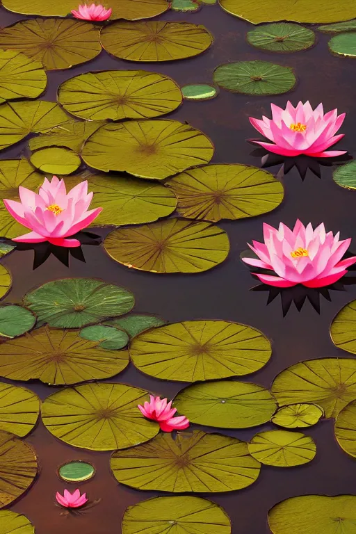 Image similar to lilyPads with Lotus flowers in the golden hour, paper cut art, close up, DOF, 8k, artstation,