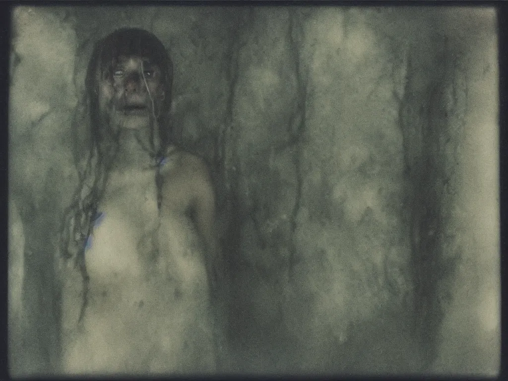 Image similar to medium shot, a human face made by blue vines in a dark cave, creepy, extreme detail, polaroid photo, vintage, neutral colors, by gregory crewdson