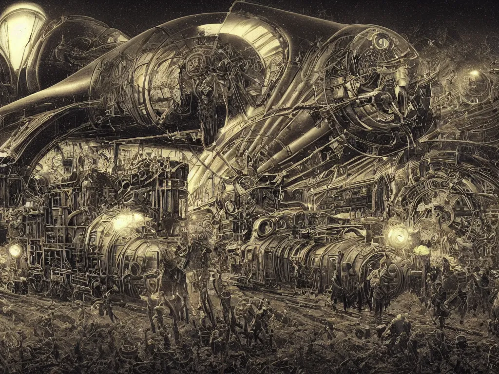 Image similar to solar-punk war train, vacuum tube-punk, electron tube-punk. 8k resolution concept art hyperdetailed trending on Artstation Unreal Engine hyperrealism psychedelic art synthetism. Futurism by beksinski carl spitzweg moebius and tuomas korpi. baroque elements. baroque element. intricate artwork by caravaggio