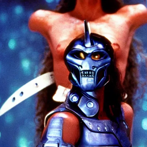 Image similar to movie still, 1 9 8 0 s, tia carrere as armored alien hunter, hyperdetailed, by ridley scott and john carpenter, blue leds