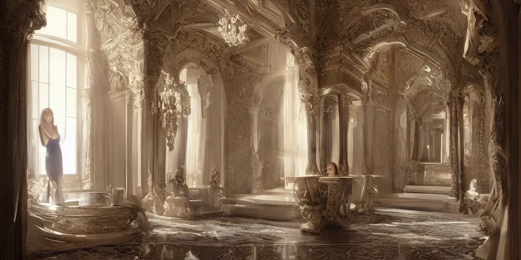 Image similar to in the bathroom of an incredible palace with the beautiful Natalia Vodianova, Raphaël Lacoste, matte painting, artstation