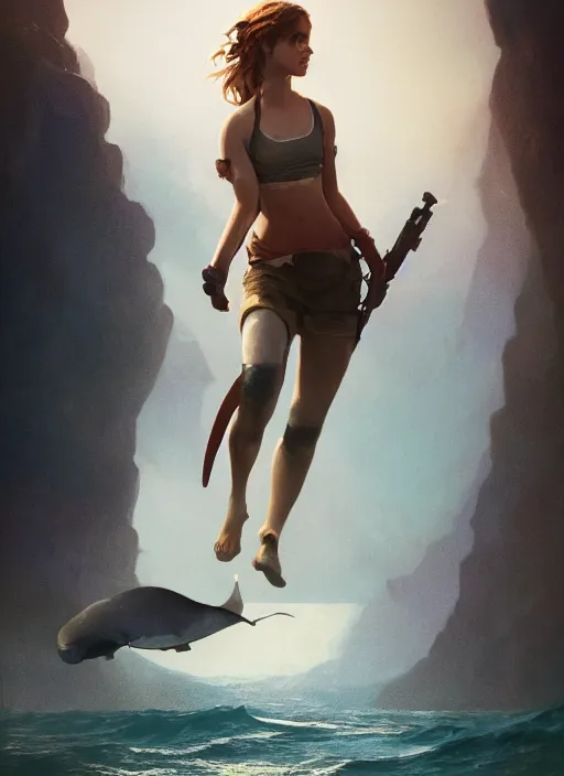 Image similar to hyper realistic photo of beautiful whalehunter emma watson, full body, rule of thirds, conceptart, saturated colors, cinematic, greg rutkowski, brom, james gurney, mignola, craig mullins, artstation, cgsociety