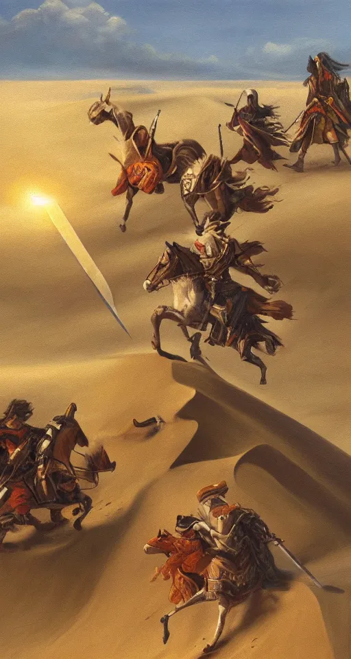 Prompt: oil painting of four sword wielding adventures traveling through a dune, 4 k, detailed, landscape