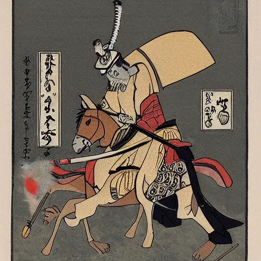 Prompt: a ancient samurai smoking a joint on a pony