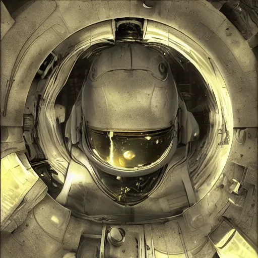 Image similar to concept art by craig mullins astronaut in futuristic dark and empty spaceship underwater. infrared complex and hyperdetailed technical suit. mandelbulb fractal. reflection and dispersion materials. rays and dispersion of light. volumetric light. 5 0 mm, f / 3 2. noise film photo. flash photography. unreal engine 4, octane render. interstellar movie art