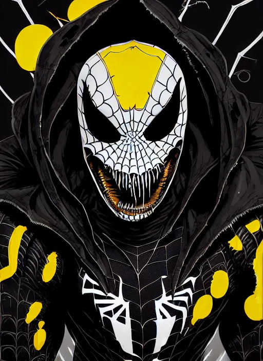 Image similar to highly detailed closeup portrait of a cyborg venom symbiote in spiderman suit with skeleton skull face, black hoodie by atey ghailan, by greg rutkowski, by greg tocchini, by james gilleard, by joe fenton, by kaethe butcher, gradient, yellow, black, brown and white color scheme, grunge aesthetic!!! white graffiti tag wall background