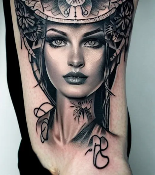 Image similar to tattoo design on white background of a beautiful girl warrior, roses, hyper realistic, realism tattoo, by eliot kohek, beautiful eyes, realistic face, black and white