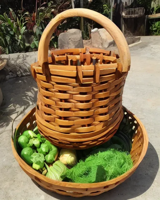 Prompt: wooden carving statue of a basket of vegetables, product picture, ebay listing thumbnail