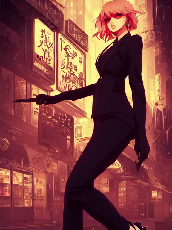 Image similar to full body picture of a mafia madam in the night city, bored, beautiful and aesthetic, intricate, unreal engine, messy hair, highly detailed, detailed face, smooth, sharp focus, chiaroscuro, manga illustration, artgerm, greg rutkowski, ilya kuvshinov, rossdraws, alphonse mucha, young adult light novel cover art