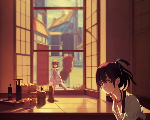 Prompt: anime visual, portrait of a young female traveler in a alchemist's shop interior, low light, cute face by ilya kuvshinov, yoh yoshinari, katsura masakazu, studio lighting, dynamic pose, dynamic perspective, strong silhouette, anime cels, cel shaded, flat shading, crisp and sharp, rounded eyes, moody