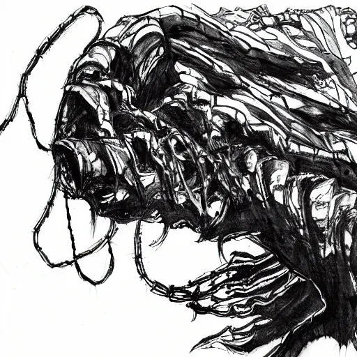 Image similar to caterpillar crawling on the wall, tsutomu nihei background, ink pen