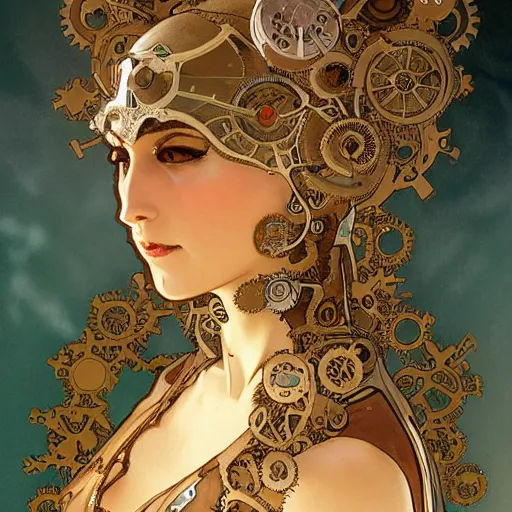 Prompt: A close-up portrait of a beautiful female cyborg wearing an intricate venetian mask by Alphonse Mucha, exposed structure with gears, shining eyes of fire, art nouveau card, wlop, trending on artstation