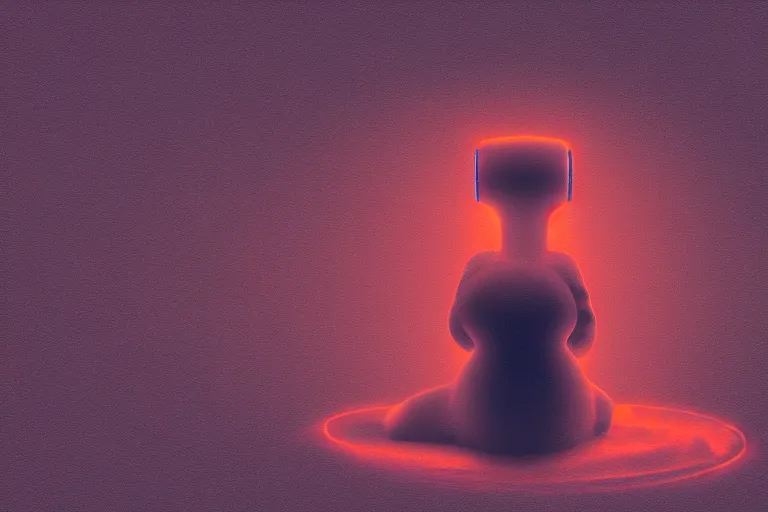 Image similar to a cute robot girl sitting on a cloud relaxing, misty, digital art, hazy, foggy, red lighting, ambient lighting, 8 k,