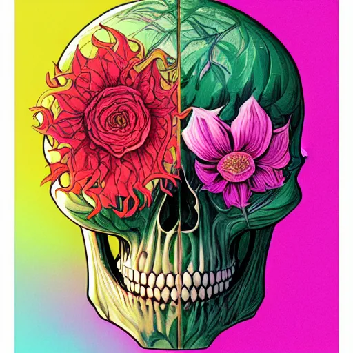 Image similar to ortographic view of a large skull with vivid flower hair by Jen Bartel and Dan Mumford and Satoshi Kon, gouache illustration