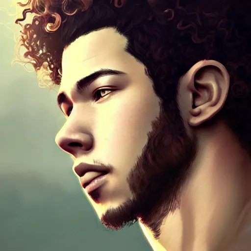 Prompt: Portrait of man with Nick Jonas's Tousled Curls type hair and Javanese-type skin, atmospheric lighting, intricate detail, cgsociety, ambient light, dynamic lighting, anime style by Yusuke Kozaki