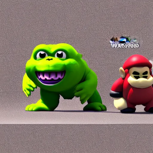 Image similar to mario godzilla yoda donkey kong pikachu yeti shrek super mario homer groot waluigi darth vader mike wazowski, highly detailed, extremely high quality, hd, 4 k, 8 k, professional photographer, 4 0 mp, lifelike, top - rated, award winning, cinematic, realistic, detailed lighting, detailed shadows, sharp, no blur, edited, corrected, trending