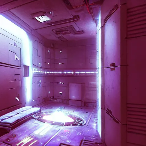 Prompt: sci fi art a prison cell in a spaceship with electrocutter by greg rutkowski ultrahd unrealengine volumetric lightning