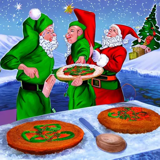 Prompt: santa's elves cooking weed cakes in arctic secret base, vibrant digital art