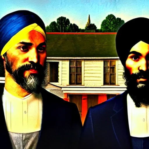 Prompt: Justin Trudeau with Jagmeet Singh in the american gothic painting, concept art, sharp focus, highly detailed digital painting by Grant Wood, artstation