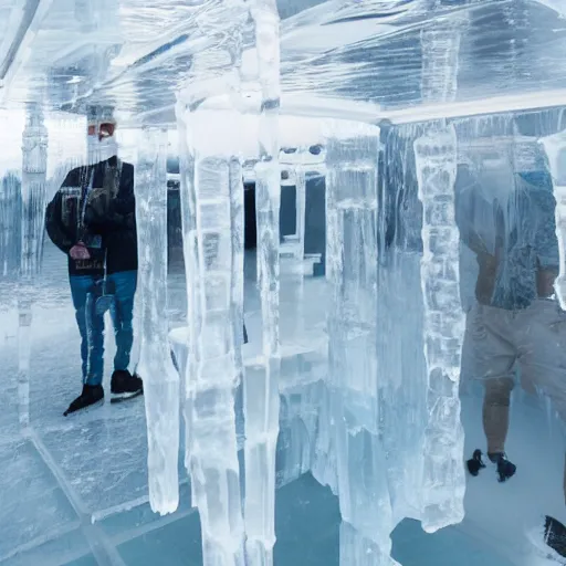 Image similar to see through clear sheet of ice in front of man man behind ice