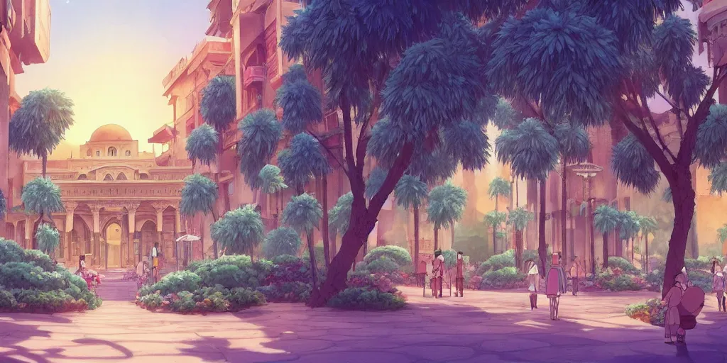 Image similar to a beautiful movie still in the style of studio ghibli anime with a landscape of the khedival opera house in talaat harb square cairo with lush landscaping, date palm trees, shrubs and flowers. trending on artstation