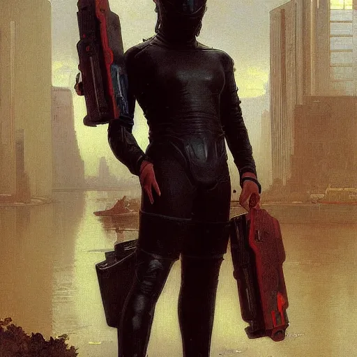 Image similar to painting of a fully - clothed cyberpunk android by william bouguereau, fully clothed in futuristic armor, safe for work, high resolution