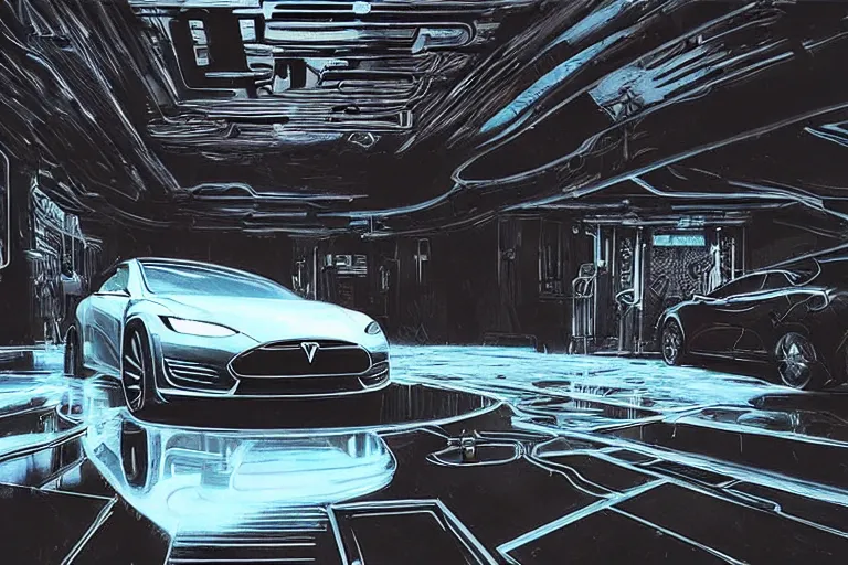 Image similar to a 2 8 mm closeup photo of a tesla car in a photo studio with a reflective floor, intricate, hyper detailed, smooth, high contrast, volumetric lighting, octane, greg rutkowski, ripley scott, artgerm, craig mullins, synthwave, cinematic