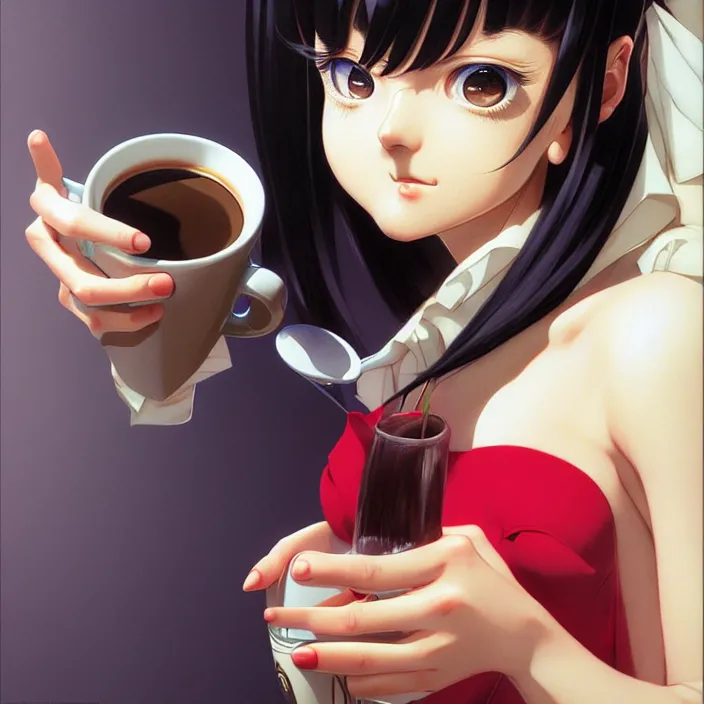 Image similar to portrait of a snobby young mexican socialite drinking an espresso, by range murata katsuhiro otomo, yoshitaka amano, nico tanigawa, and artgerm rendered with 3 d effect, sweet artpiece.