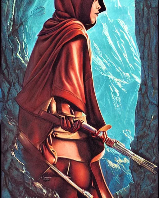 Image similar to hooded adventurer woman, airbrush, drew struzan illustration art, key art, movie poster