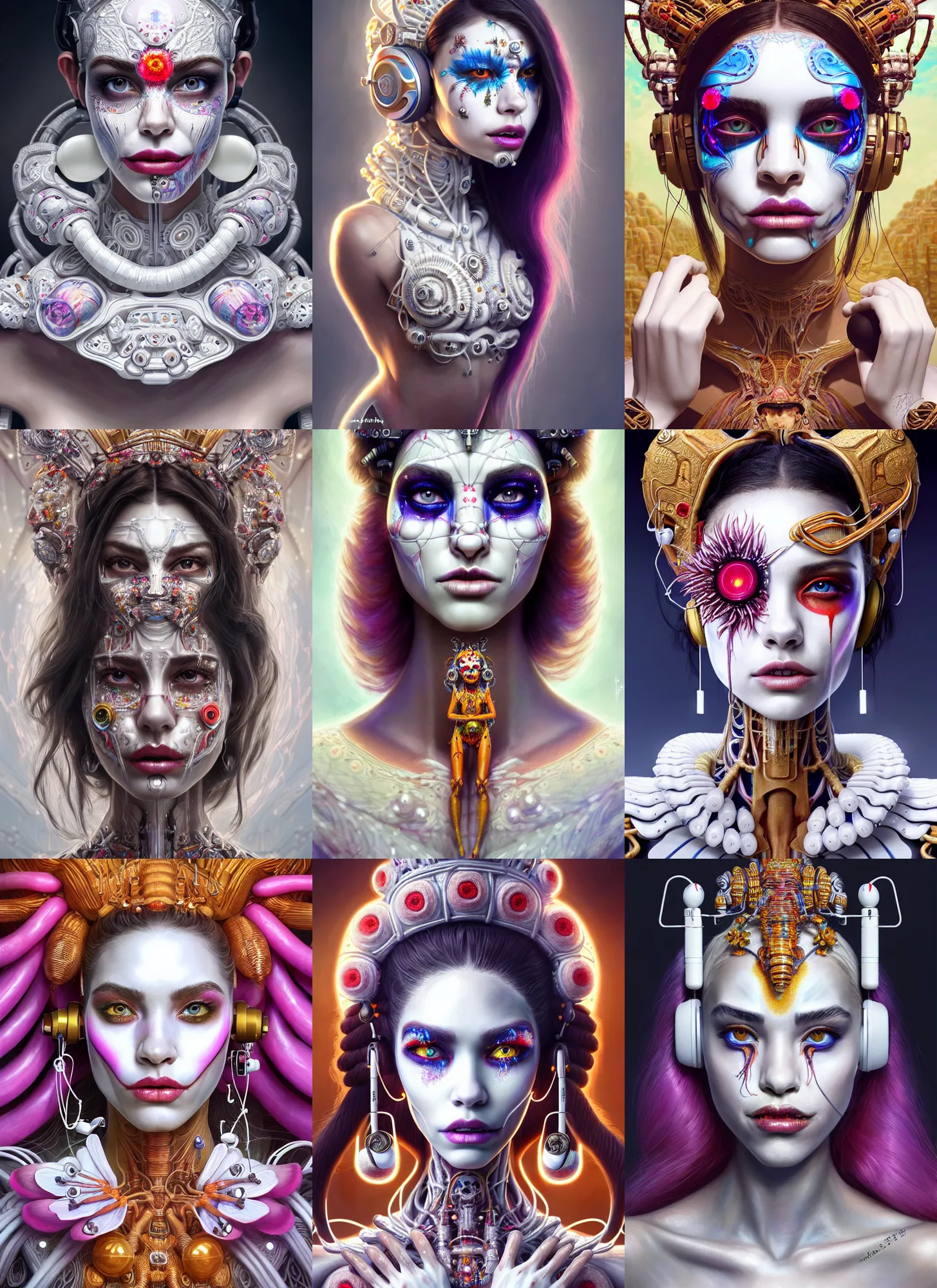 Prompt: bright white polished floral clowncore cyborg : : disney weta portrait, soft mayan queen devil madison beer, bling earbuds, hi - fructose, sci - fi fantasy intricate decadent highly - detailed digital painting, golden ratio, octane render, artstation, concept art, smooth, sharp focus, illustration, artgerm, mucha, loish, wlop