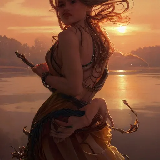 Prompt: clear portrait of namekeyword holding a objectkeyword, golden hour background, cottagecore!!, hyper detailed, character concept, full body, dynamic pose, intricate, elegant, highly detailed, digital painting, artstation, concept art, smooth, sharp focus, illustration, art by artgerm and greg rutkowski and alphonse mucha