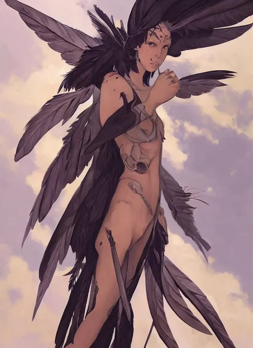 Prompt: concept art painting of a harpy with black feathers, androgynous, pirate clothes, detailed, realistic, cel shaded, in the style of makoto shinkai and james gurney and alphonse mucha and greg rutkowski and artgerm