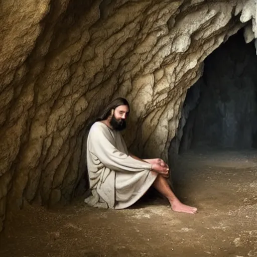 Image similar to sad jesus sits on a entrance from a cave