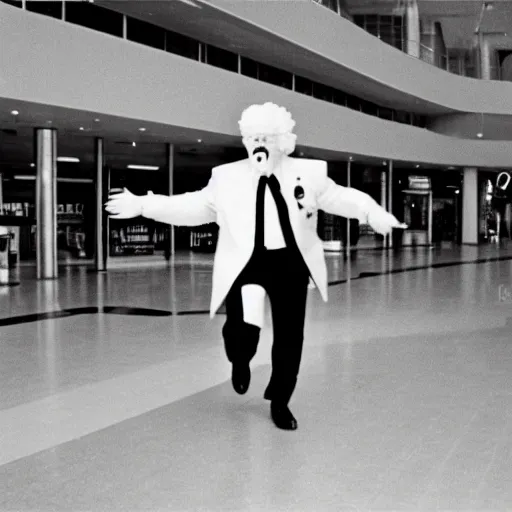 Image similar to A creepy photo of Colonel Sanders chasing you in an empty shopping mall from the 1980s, disposable film